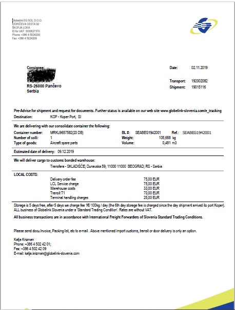 Arrival notice in sea freight from USA